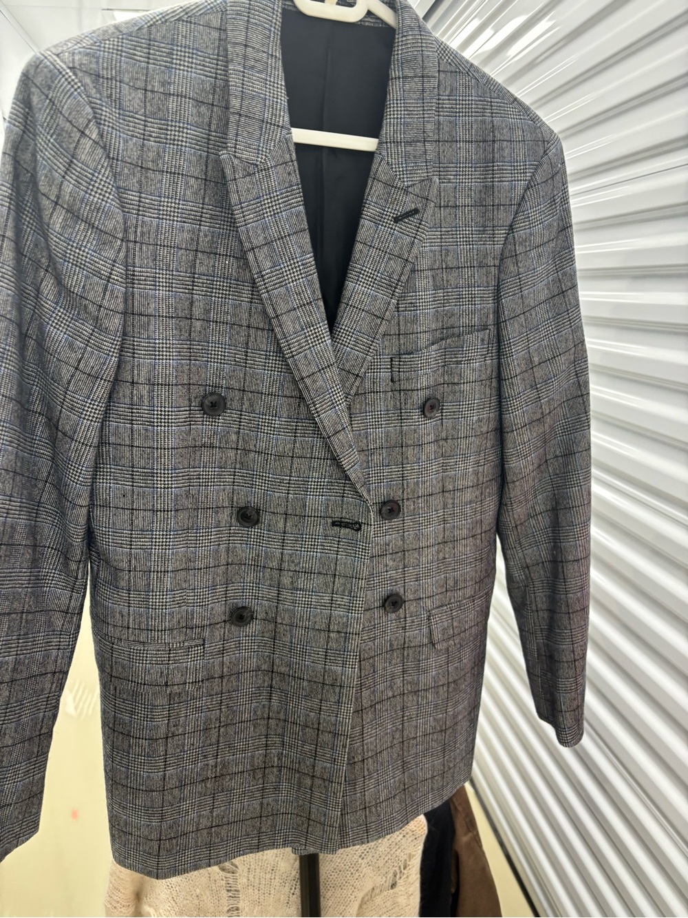 Topman Double-Breasted Glen Plaid Blazer - Gray with Blue Windowpane